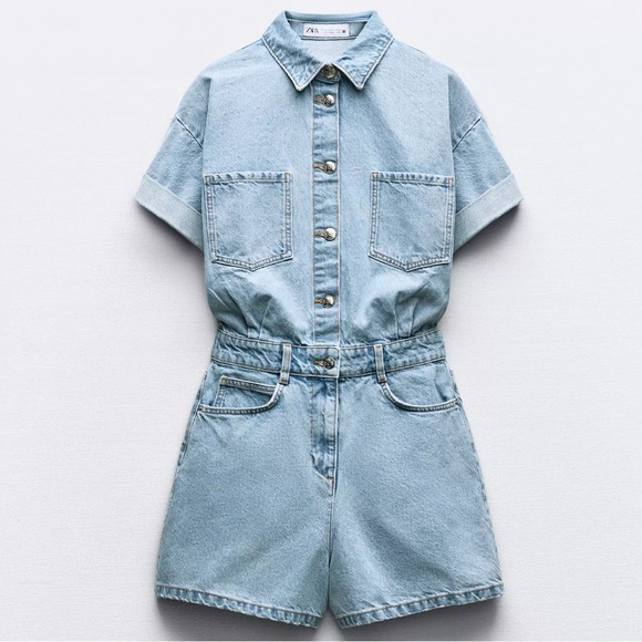 Zara Pants - Zara Light Blue Denim Short-Sleeve Romper